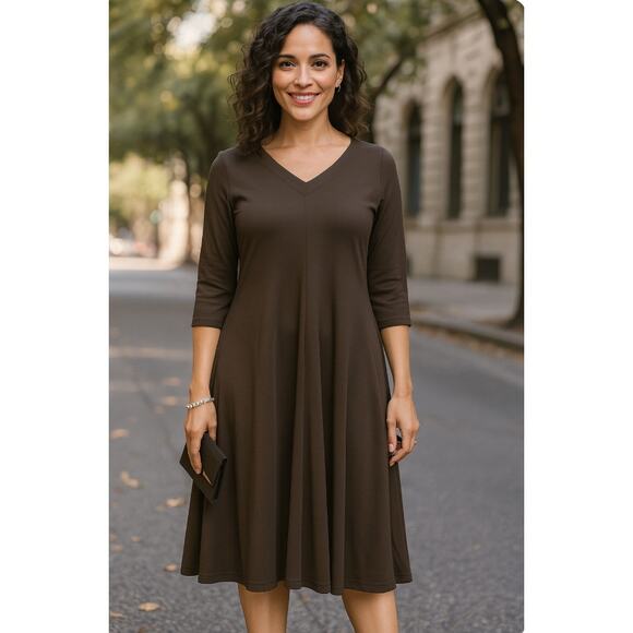 Chico’s Chocolate Brown Stretch Knit Midi Dress V-Neck 3/4 Sleeve Travel Women’s - Picture 1 of 12